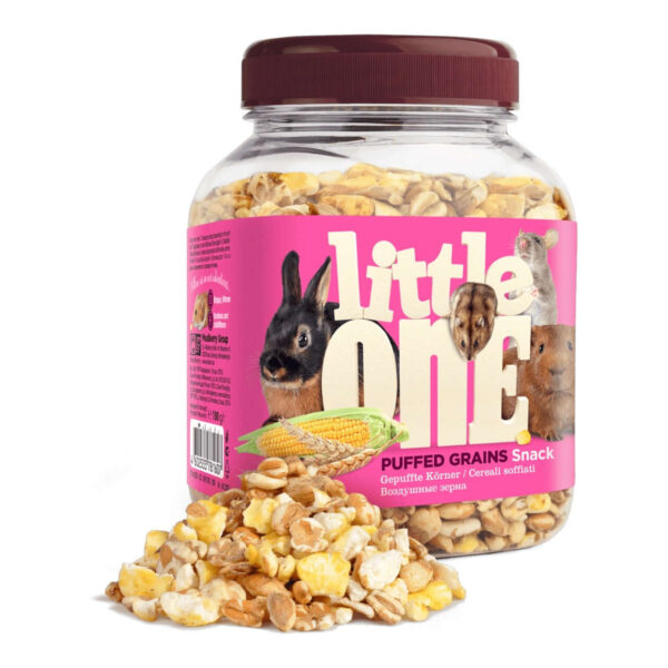 Little One Puffed Grains 70g jar with various puffed grains, a tasty treat for small pets like rabbits and hamsters.