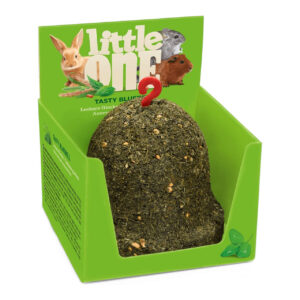 Little One Tasty Bluebell treat toy for rodents and rabbits in a green box, providing vitamins and minerals.