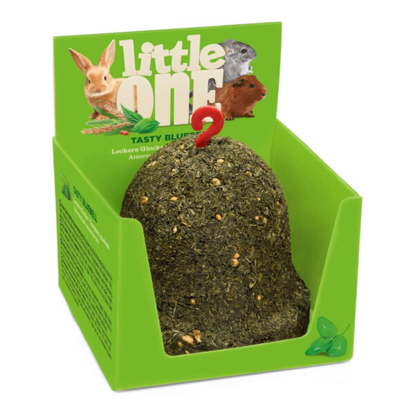 Little One Tasty Bluebell treat toy for rodents and rabbits in a green box, providing vitamins and minerals.