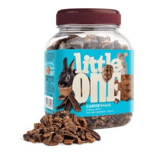 Little One Carob Snack 200g jar with carob pieces, a nutritious treat for pets, featuring vibrant packaging.