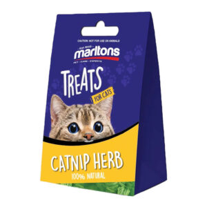 Marltons Catnip Herbs 10g packaging, featuring playful cat illustration, ideal for stimulating cat's natural instincts.