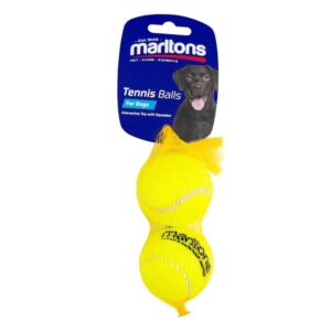 Marltons Squeaky Tennis Ball Small 2 Pack for dogs, perfect fetch toy with squeaker, bright yellow design.