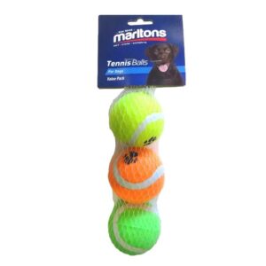 Marltons Tennis Balls 3 Pack for dogs, featuring vibrant colors in a convenient value pack, perfect for playtime.