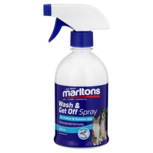 Marltons Wash And Get Off Spray 375ml bottle, dual-action cleaner for pet odor removal and stain neutralization.