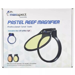 Maxspect Pastel Reef Magnifier packaging with innovative blue LED soft light for coral viewing and photography.