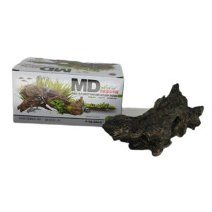 MD Wood Decorations next to its packaging, enhancing aquarium aesthetics and providing natural hideouts for fish.