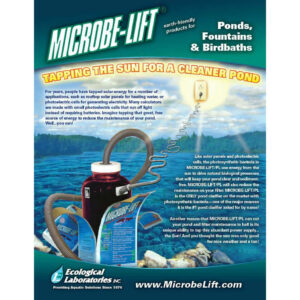 Microbe-Lift promotional image for eco-friendly pond cleaning solutions using solar energy technology.