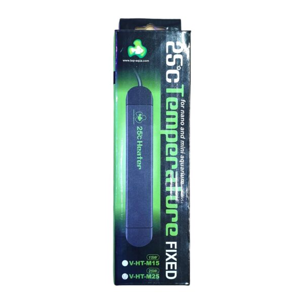 Mini aquarium heater packaging with fixed temperature of 25°C for nano and mini aquariums, featuring accurate thermostat.