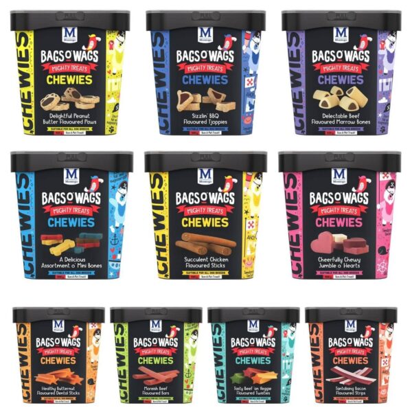 Montego Bags O Wags Chewies dog treats in various flavors and packaging, perfect for rewarding good behavior.