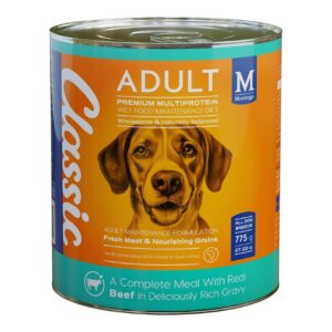 Montego Classic Wet Adult Food can featuring a dog, rich in proteins and nutrients, with real beef in savory gravy.