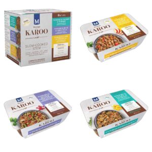 Montego Karoo Slow Cooked Stew wet food tubs for dogs, featuring a variety of flavors in a convenient packaging.