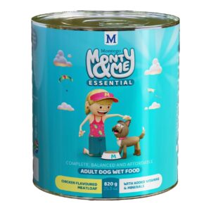 Montego Monty & Me Essential Adult Wet Dog Food can featuring chicken meatloaf for nutritious pet meals with added vitamins.