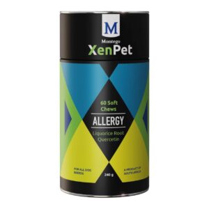 Montego XenPet Allergy Soft Chews 240g canister with liquorice root and quercetin, designed for allergy relief in dogs.