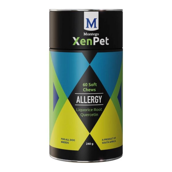 Montego XenPet Allergy Soft Chews 240g canister with liquorice root and quercetin, designed for allergy relief in dogs.