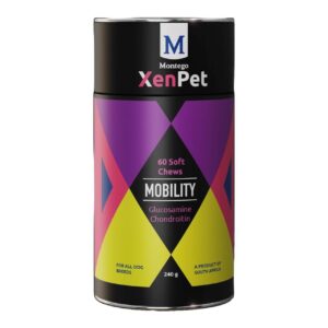 Montego XenPet Mobility Soft Chews 240g canister with glucosamine and chondroitin for healthy bones and joints in dogs.