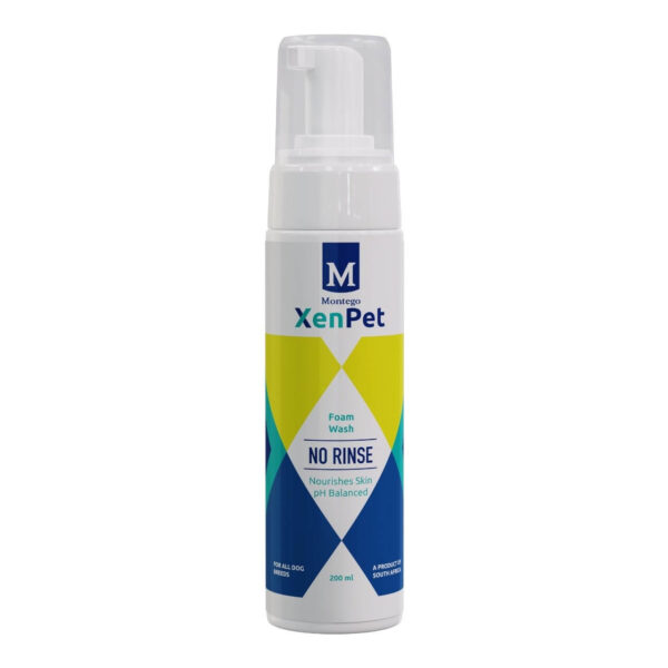 Montego XenPet No Rinse Foam Wash 200ml bottle, nourishing foam for pet skin, eliminates odors without bathing.
