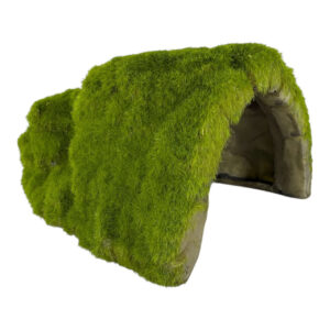 Moss-covered tunnel ornament for aquariums and terrariums, providing a cozy hideaway for fish and enhancing landscape decor.