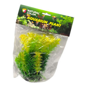 Natural Color Aquarium Plastic Plant 102172 in packaging, vibrant green and yellow decoration for fish tanks.