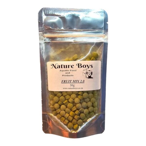 Nature Boys Fruit Mix 2.0 30g, premium aquatic food for freshwater shrimp nutrition, quality blend in resealable packaging.