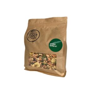 Nature's Nest Avian Deluxe 1kg bird food in eco-friendly packaging with ingredients visible through the window.
