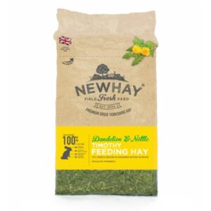 Newhay Timothy Hay with Dandelion and Nettle 1kg in eco-friendly packaging, high in fibre for small animals.