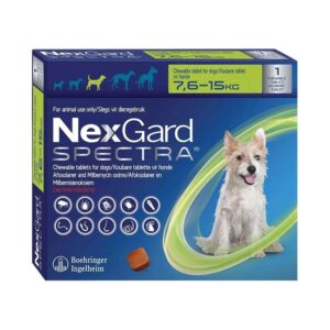 NexGard Spectra chewable tablets for dogs, beef-flavored, effective against fleas, ticks, and heartworms, packaging design.