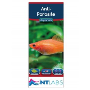 NT Labs Anti-Parasite aquarium treatment with fish illustration, safe for plants and filters, effective against protozoan parasites.
