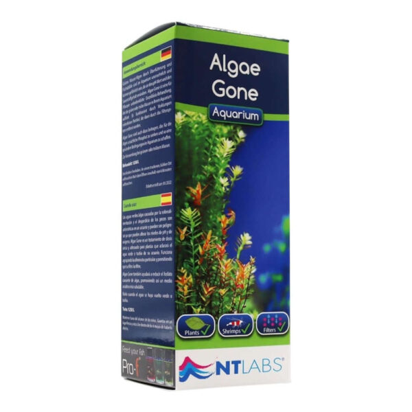 NT Labs Algae Gone aquarium treatment box for clear, healthy fish tanks, suitable for plants and shrimps.