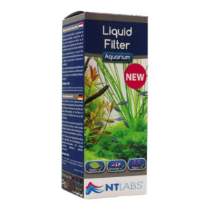 NT Labs Aquarium Liquid Filter packaging, showcasing natural ingredients for cleaner, clearer aquarium water.