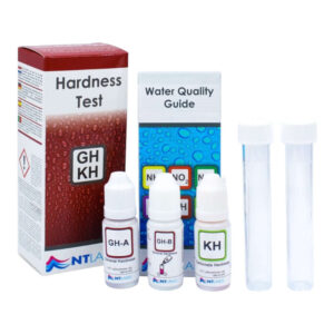 NT Labs GH KH Hardness Test Kit with reagents and test tubes for freshwater aquarium and pond use.