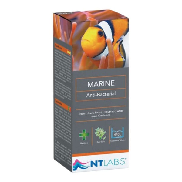 NT Labs Marine Anti-Bacterial treatment box for fish infections, including ulcers and white spot.