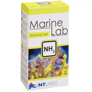 NT Labs NH3 Marine Lab Ammonia Test Kit packaging for safe aquarium monitoring, includes 40 tests.