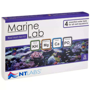 NT Labs Marine Lab Reef Multi Test Kit packaging featuring KH, Mg, Ca, and Phosphate tests for reef aquariums.