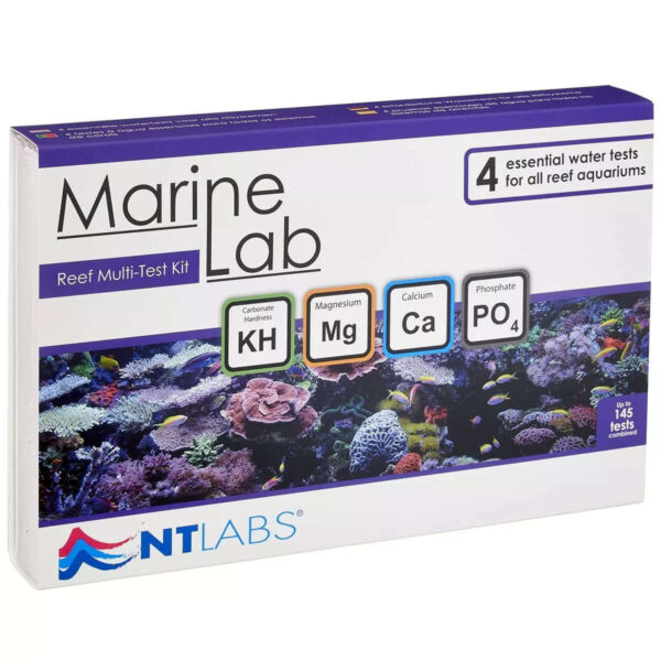 NT Labs Marine Lab Reef Multi Test Kit packaging featuring KH, Mg, Ca, and Phosphate tests for reef aquariums.