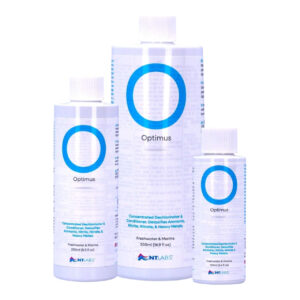 NT Labs Optimus Water Conditioner bottles for detoxifying ammonia, nitrite, nitrate, and heavy metals in aquariums.
