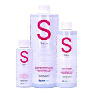 NT Labs Satus Filter Start bottles in three sizes for freshwater and marine aquariums, promoting biofilter maturity.