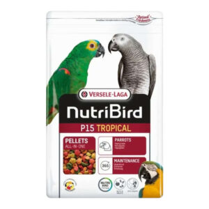 Nutribird P15 Tropical Maintenance Pellets 1kg packaging with parrots, showcasing vibrant colors and key nutritional benefits.