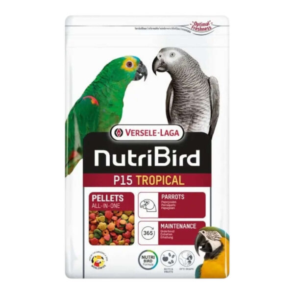 Nutribird P15 Tropical Maintenance Pellets 1kg packaging with parrots, showcasing vibrant colors and key nutritional benefits.