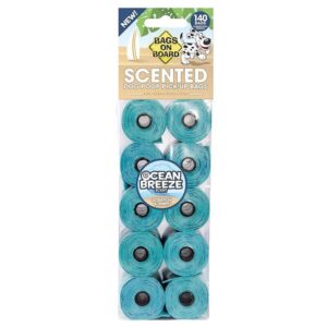 Ocean breeze scented dog poop pick-up bags, 140 count, with double-sealed seams for leakproof waste collection.