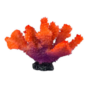 Vibrant orange coral aquarium ornament with purple accents, enhancing underwater decor and aquatic environments.