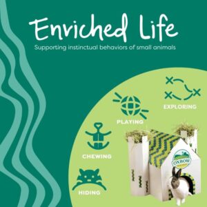 Enriched Life graphic supporting small animal instincts with icons for playing, exploring, chewing, and hiding.
