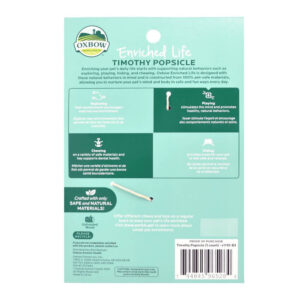 Oxbow Enriched Life Timothy Popsicle package back, highlighting pet-safe materials and natural behaviors.