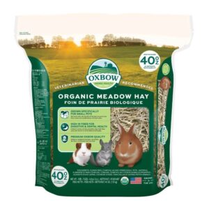Oxbow Organic Meadow Hay bag showcasing high-fiber hay for small pets like rabbits and guinea pigs, promoting health and sustainability.