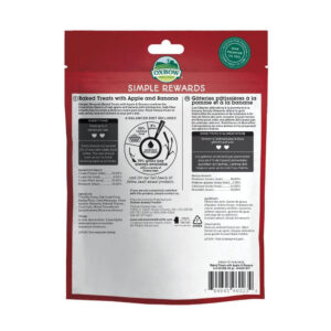 Oxbow Simple Rewards Baked Treats with Apple & Banana 85g package back, showing ingredients and feeding directions.