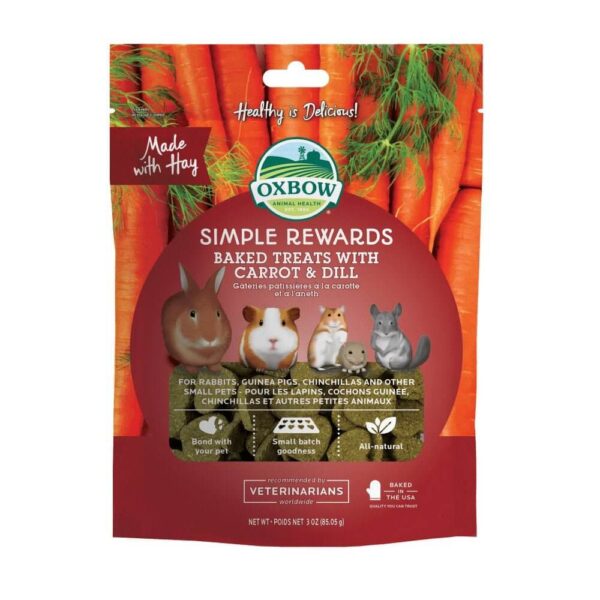 Oxbow Simple Rewards Baked Treats with Carrot & Dill packaging showcasing nutritious ingredients for small pets.