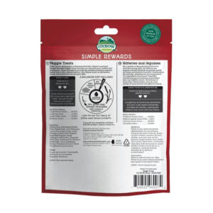 Oxbow Simple Rewards Baked Veggie Treats 85g packaging back showing nutritional information and feeding guidelines.