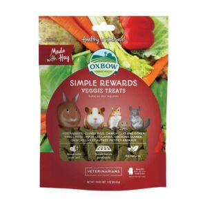 Oxbow Simple Rewards Baked Veggie Treats 85g packaging featuring small animals and fresh vegetables for healthy pet snacks.