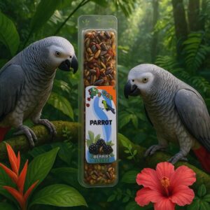 Two parrots beside a Parrot Seed Stick - Berries, a healthy treat for birds in a vibrant jungle setting.