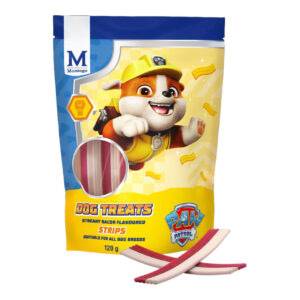 Paw Patrol Streaky Bacon Strips dog treats in a package featuring a playful cartoon dog, suitable for all dog breeds.