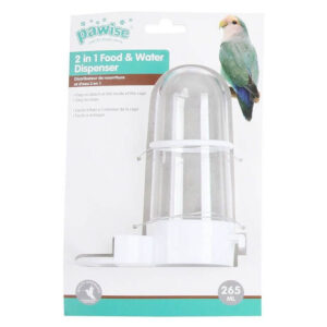 Pawise 2 in 1 Food and Water Dispenser 265ml with packaging and parrot, easy to attach and clean, random color selection.